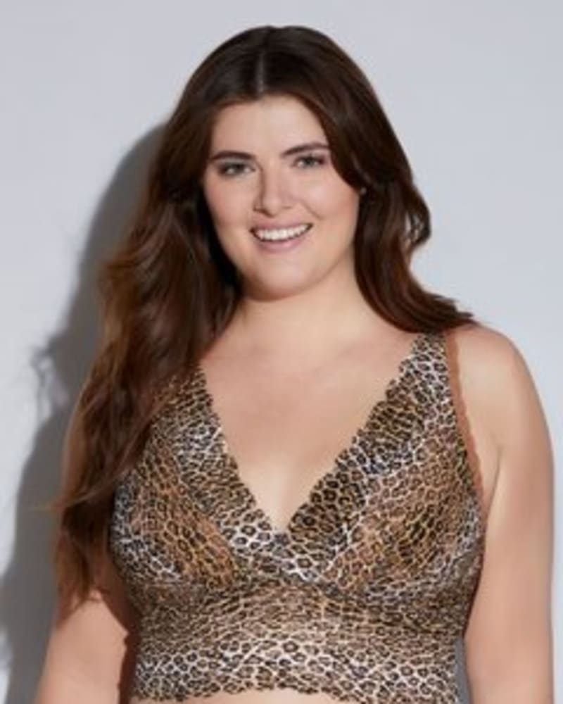 Front of a model wearing a size 1X Plungie Longline Lace Bralette in Neutral Leopard by Cosabella. | dia_product_style_image_id:253485